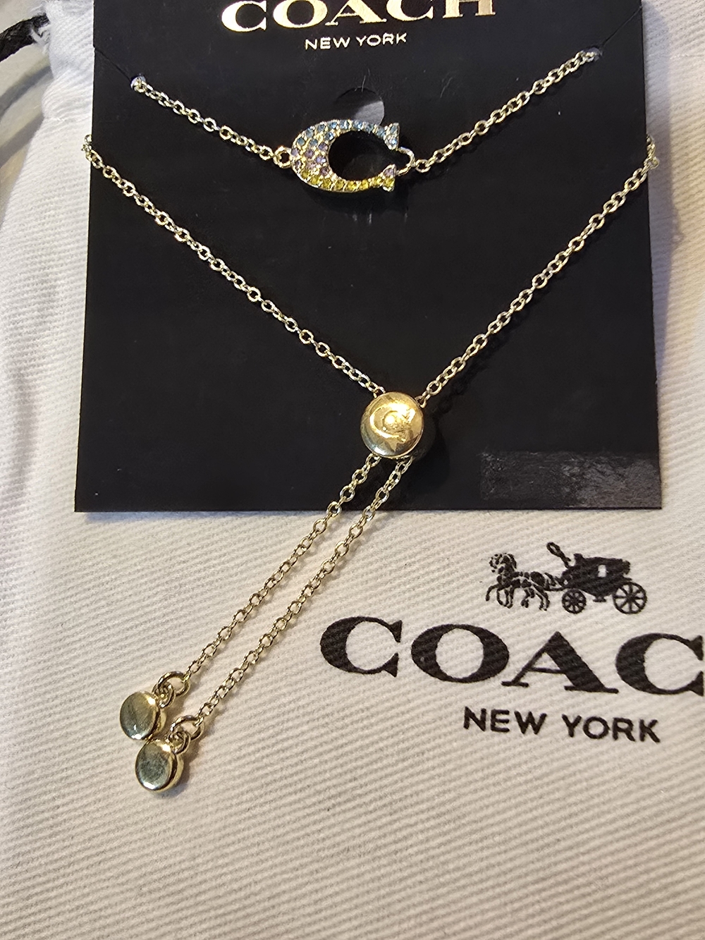 Coach Gold-Tone Layered Bracelet w Crystal C Charm Slide Chain w Dusty